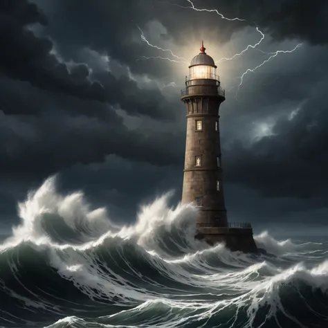 closeup artwork of a Victorian eddystone lighthouse at a british shore, epic stormy sea at night