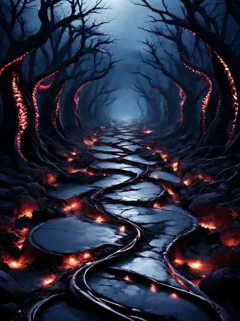 breathtaking an abandoned road cuts through a twisted landscape made of mutated living flesh and teeth, <lora:Cyberfleshmutant:0.6> rotten fleshmutant plants, <lora:DonMD3m0nV31nsXL_v1.1:1> DonMD3m0nV31nsXL, demonic, pulsating veins, bio, organic terrain and ground, <lora:EnvyDreamlandsXL01-adamw:0.5>, dark and mysterious atmosphere,, masterpiece, award-winning, professional, highly detailed, rim lighting