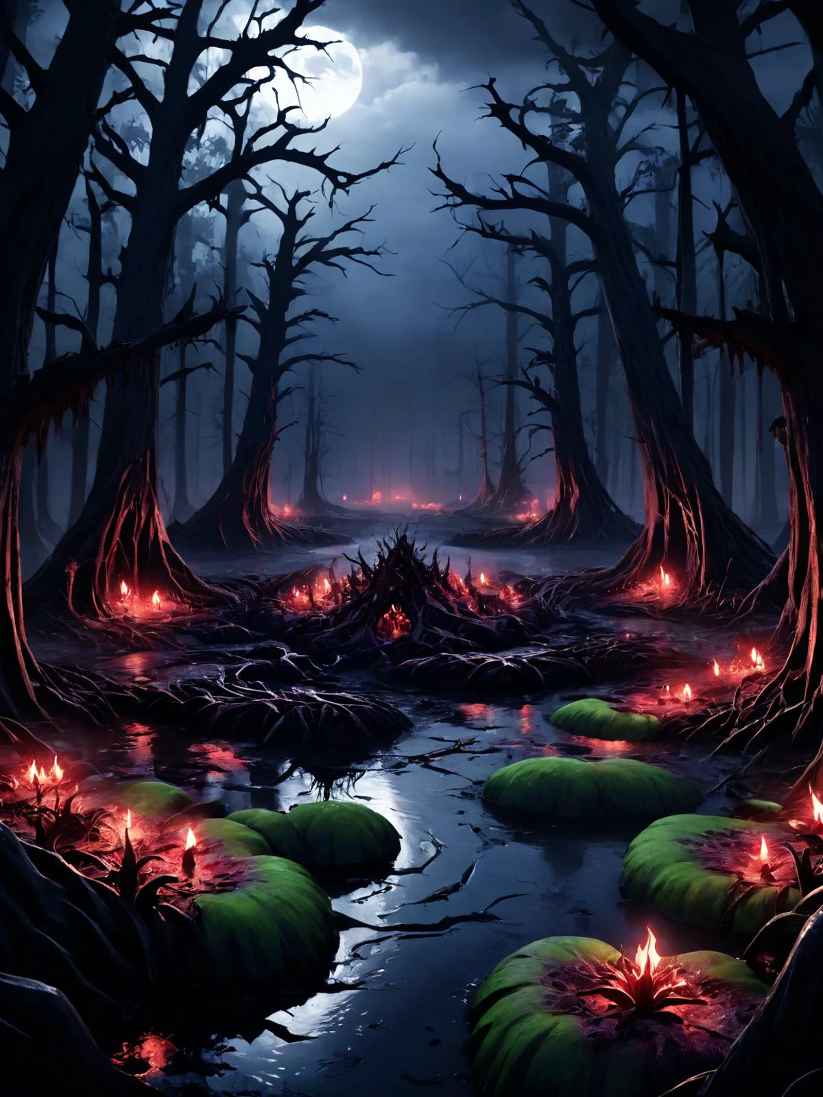 breathtaking an island made of mutated living flesh and teeth in the middle of a toxic swamp, <lora:Cyberfleshmutant:0.6> rotten fleshmutant plants, <lora:DonMD3m0nV31nsXL_v1.1:1> DonMD3m0nV31nsXL, demonic, pulsating veins, bio, organic terrain and ground, <lora:EnvyDreamlandsXL01-adamw:0.5>, dark and mysterious atmosphere,, masterpiece, award-winning, professional, highly detailed, rim lighting