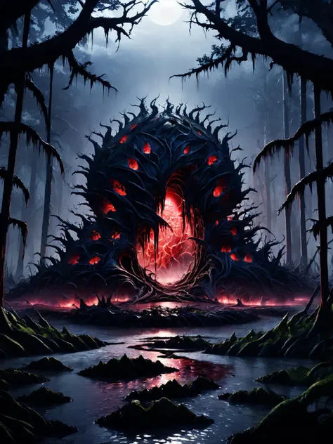 breathtaking an island made of mutated living flesh and teeth in the middle of a toxic swamp, <lora:Cyberfleshmutant:0.6> rotten fleshmutant plants, <lora:DonMD3m0nV31nsXL_v1.1:1> DonMD3m0nV31nsXL, demonic, pulsating veins, bio, organic terrain and ground, <lora:EnvyDreamlandsXL01-adamw:0.5>, dark and mysterious atmosphere,, masterpiece, award-winning, professional, highly detailed, rim lighting