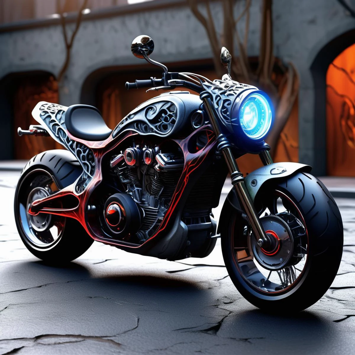 ((best quality)), ((masterpiece)), ((realistic,digital art)), (hyper detailed),DonMD3m0nV31nsXL,bio organic demonic veins, Electric Motorcycle, Side Marker Lights, Running Boards, Roof Spoiler, Stone, Luminous, Etched Details,, <lora:DonMD3m0nV31nsXL_v1.1-000009:0.85>