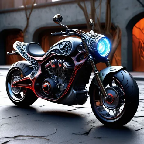 ((best quality)), ((masterpiece)), ((realistic,digital art)), (hyper detailed),DonMD3m0nV31nsXL,bio organic demonic veins,  Electric Motorcycle,   Side Marker Lights, Running Boards, Roof Spoiler, Stone, Luminous,  Etched Details,, <lora:DonMD3m0nV31nsXL_v1.1-000009:0.85>