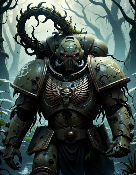 (photorealistic:1.2, Fujifilm XT3),A Plague corrupted horrible Space Marine, vile, a grotesque and twisted being who serves the Chaos God Nurgle, wading through a murky swamp. His armor, once shining and metallic, is now covered in a thick, suppurating slime that oozes from his pores. The Marine's form is distorted and grotesque, with bones and organs visible through his rotten flesh. His left arm ends in a misshapen mass of corrupted vile (tentacles), while his right hand clutches a massive, diseased-ridden bolter. The swamp around him is alive with putrid greenery, and the air is thick with the stench of decay. In the distance, a ruined temple can be seen, its walls covered in vines and moss. The Plague Marine's eyes glow with a malevolent light, and he seems to be drawn towards the temple, his mission clear: to spread the plague and devastation of Nurgle throughout the swamp. <lora:add-detail-xl:2> <lora:DonMD3m0nV31nsXL_v1.1-000009:0.8> DonMD3m0nV31nsXL, demonic, veins, bio, organic <lora:primaris_marine-knight_armor-000007:0.6> corrupted Knight armor, (masterpiece:1.2), (epic composition:1.4), (talent:1.2), ultra detailed, cinematic lighting, highly detailed, insanely detailed, (photorealistic:1.2), hdr, 8k, exquisite, sharp, elegant, ambient lighting, high quality, , <lora:takma2:0.1> <lora:ling1:0.1> ling1, cinematic shot, dynamic lighting, 75mm, Technicolor, Panavision, cinemascope, sharp focus, fine details, 8k, HDR, realism, realistic, key visual, film still, superb cinematic color grading, depth of field