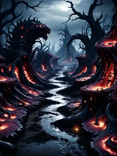 breathtaking a twisted landscape made of mutated living flesh and teeth, <lora:Cyberfleshmutant:0.6> rotten fleshmutant plants, <lora:DonMD3m0nV31nsXL_v1.1:1> DonMD3m0nV31nsXL, demonic, pulsating veins, bio, organic terrain and ground, <lora:EnvyDreamlandsXL01-adamw:0.5>, dark and mysterious atmosphere, disgusting toxic water and land, masterpiece, award-winning, professional, highly detailed, bottom lighting