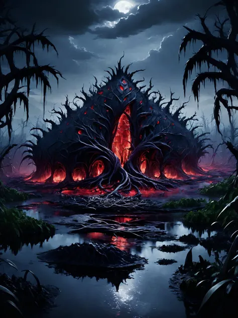 breathtaking an island made of mutated living flesh and teeth in the middle of a toxic swamp, <lora:Cyberfleshmutant:0.6> rotten fleshmutant plants, <lora:DonMD3m0nV31nsXL_v1.1:1> DonMD3m0nV31nsXL, demonic, pulsating veins, bio, organic terrain and ground, <lora:EnvyDreamlandsXL01-adamw:0.5>, dark and mysterious atmosphere,, masterpiece, award-winning, professional, highly detailed, rim lighting