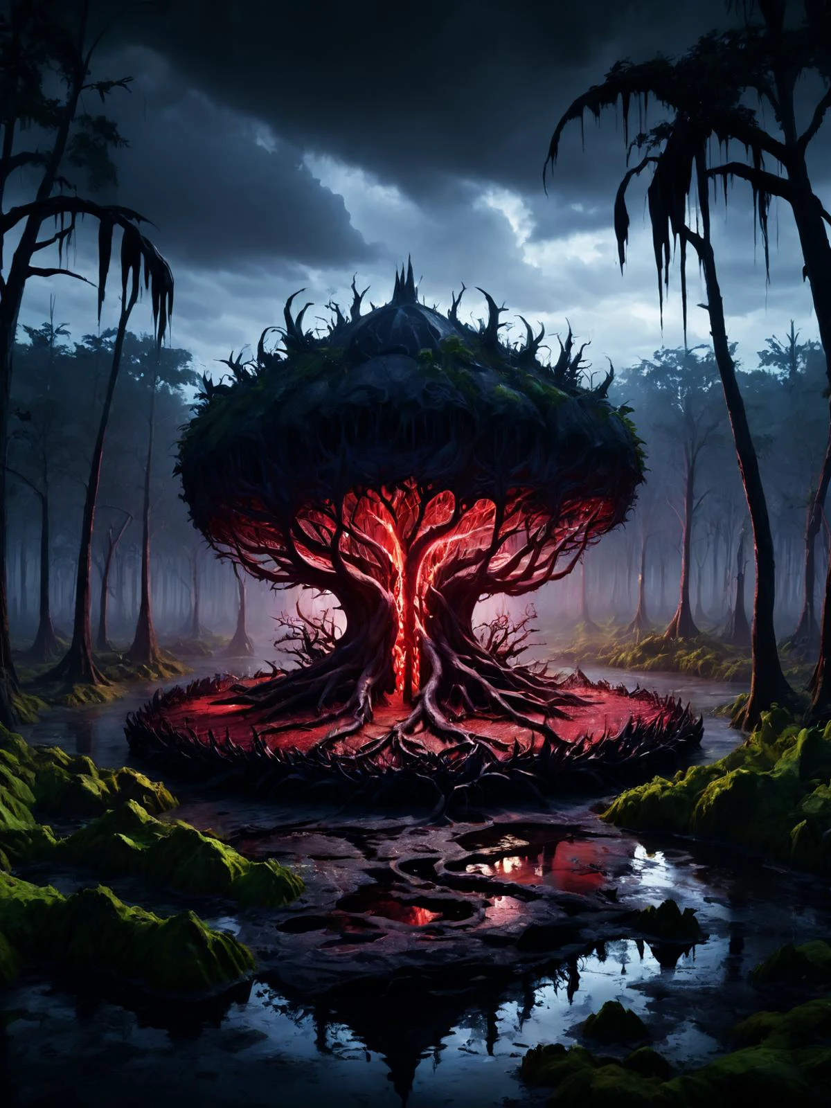 breathtaking an island made of mutated living flesh and teeth in the middle of a toxic swamp, <lora:Cyberfleshmutant:0.6> rotten fleshmutant plants, <lora:DonMD3m0nV31nsXL_v1.1:1> DonMD3m0nV31nsXL, demonic, pulsating veins, bio, organic terrain and ground, <lora:EnvyDreamlandsXL01-adamw:0.5>, dark and mysterious atmosphere,, masterpiece, award-winning, professional, highly detailed, rim lighting