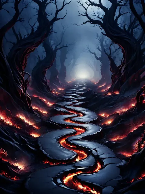 breathtaking an abandoned road cuts through a twisted landscape made of mutated living flesh and teeth, <lora:Cyberfleshmutant:0.6> rotten fleshmutant plants, <lora:DonMD3m0nV31nsXL_v1.1:1> DonMD3m0nV31nsXL, demonic, pulsating veins, bio, organic terrain and ground, <lora:EnvyDreamlandsXL01-adamw:0.5>, dark and mysterious atmosphere,, masterpiece, award-winning, professional, highly detailed, rim lighting