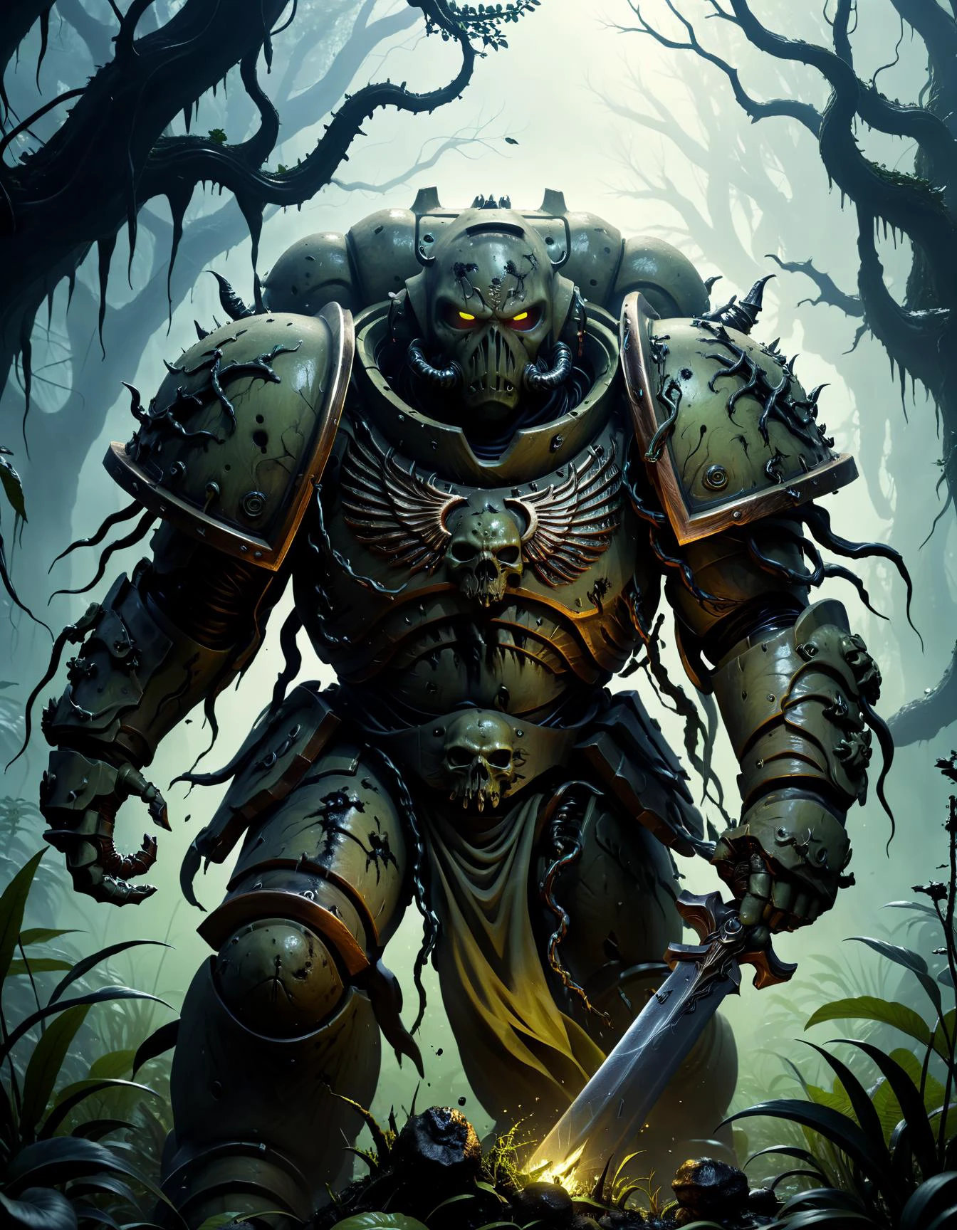 (photorealistic:1.2, Fujifilm XT3),A Plague corrupted horrible Space Marine, vile, a grotesque and twisted being who serves the Chaos God Nurgle, wading through a murky swamp. His armor, once shining and metallic, is now covered in a thick, suppurating slime that oozes from his pores. The Marine's form is distorted and grotesque, with bones and organs visible through his rotten flesh. His left arm ends in a misshapen mass of tentacles, while his right hand clutches a massive, diseased-ridden chainsword. The swamp around him is alive with putrid greenery, and the air is thick with the stench of decay. In the distance, a ruined temple can be seen, its walls covered in vines and moss. The Plague Marine's eyes glow with a malevolent light, and he seems to be drawn towards the temple, his mission clear: to spread the plague and devastation of Nurgle throughout the swamp. <lora:add-detail-xl:2> <lora:DonMD3m0nV31nsXL_v1.1-000009:0.8> DonMD3m0nV31nsXL, demonic, veins, bio, organic <lora:primaris_marine-knight_armor-000007:0.6> corrupted Knight armor, (masterpiece:1.2), (epic composition:1.4), (talent:1.2), ultra detailed, cinematic lighting, highly detailed, insanely detailed, (photorealistic:1.2), hdr, 8k, exquisite, sharp, elegant, ambient lighting, high quality, , <lora:takma2:0.1> <lora:ling1:0.1> ling1, cinematic shot, dynamic lighting, 75mm, Technicolor, Panavision, cinemascope, sharp focus, fine details, 8k, HDR, realism, realistic, key visual, film still, superb cinematic color grading, depth of field