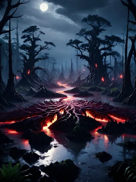 breathtaking an island made of mutated living flesh and teeth in the middle of a toxic swamp, <lora:Cyberfleshmutant:0.6> rotten fleshmutant plants, <lora:DonMD3m0nV31nsXL_v1.1:1> DonMD3m0nV31nsXL, demonic, pulsating veins, bio, organic terrain and ground, <lora:EnvyDreamlandsXL01-adamw:0.5>, dark and mysterious atmosphere,, masterpiece, award-winning, professional, highly detailed, rim lighting