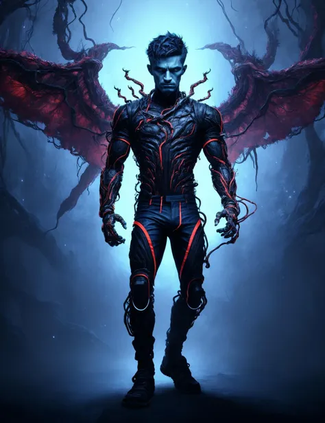 ((best quality)), ((masterpiece)), ((realistic,digital art)), (hyper detailed),DonMD3m0nV31ns,bio organic demonic veins, male Data Encryption Cracker, Nano-infused Mutants, Mutants with nanobots integrating into their bodies, granting extraordinary abilities, Youth Muscular, Southeast Asian, Gray eyes, Flared Ears, Defined Jaw, Broad Forehead, Delicate Hands, Extended Goatee , Denim Blue Crew cut hair, Disappointment,, Neural Link, Character stands tall, arms extended forward, fingers in a claw-like gesture, simulating a neural connection, Quantum-tech Quantum Wings wearing Tangerine Cyberspace Running Leggings, Digital Mesh Kimono, Nanofiber-woven Trekking Sandals, , ,, Haptic Feedback Interaction, Character touches fingertips together in front of them, simulating tactile interaction with virtual objects, <lora:DonMD3m0nV31ns-000012:0.85>