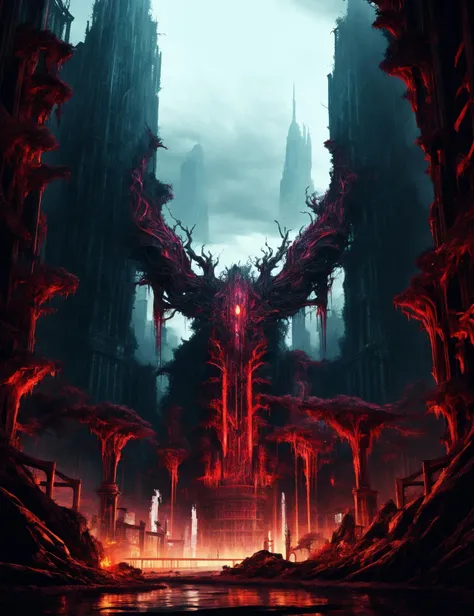 ((best quality)), ((masterpiece)), ((realistic,digital art)), (hyper detailed),DonMD3m0nV31ns,bio organic demonic veins, Skyscrapers Theatre, <lora:DonMD3m0nV31ns-000012:0.85>