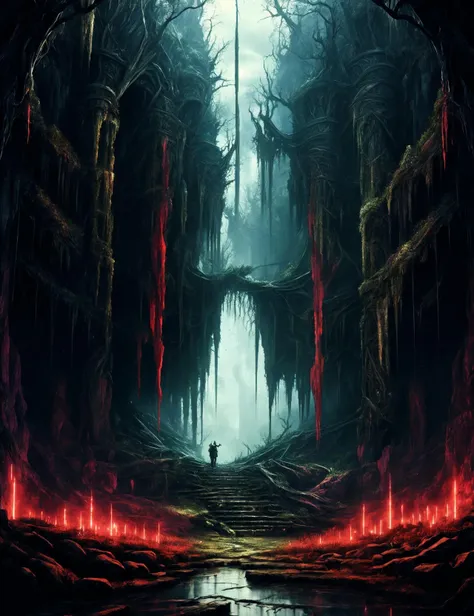 ((best quality)), ((masterpiece)), ((realistic,digital art)), (hyper detailed),DonMD3m0nV31ns,bio organic demonic veins, Ruined Kingdom Cave Resonance,Drapery,Street, <lora:DonMD3m0nV31ns-000012:0.85>