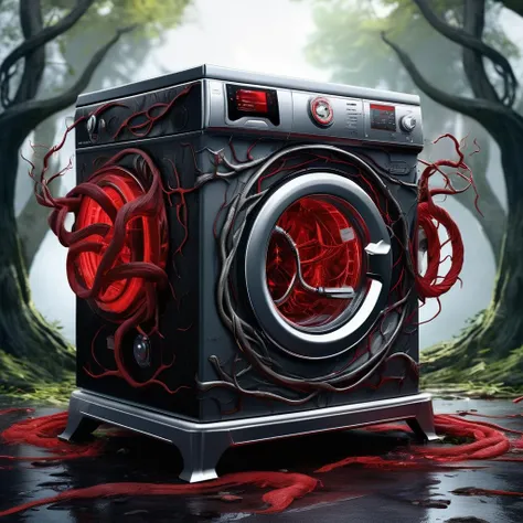3/4 view photo of One Washing machine, dark room, black background, black shiny metallic color, skull on the door, rose carving on the front, intricate rose carvings on the side, blue neon strip lights on the bottom :1.3 of the washing machine,  volumetric, rim lighting, 8k UHD, highest resolution, highest quality, rich shadows, epic, mesmerising, intricately detailed, 25% reflective floor