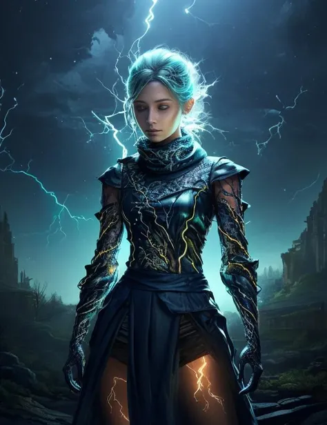 ((best quality)), ((masterpiece)), ((realistic,digital art)), (hyper detailed),DonMD3m0nV31ns,bio organic lightning veins, upper body clothing, AR Polymer, , Bioluminescent Photoluminescent Pavers, Puff Sleeves, Asymmetrical Hemline, High Waist, Two-Piece Set, Button Closure,,Scarf,,Slit Details, , <lora:DonMD3m0nV31ns-000012:0.85>