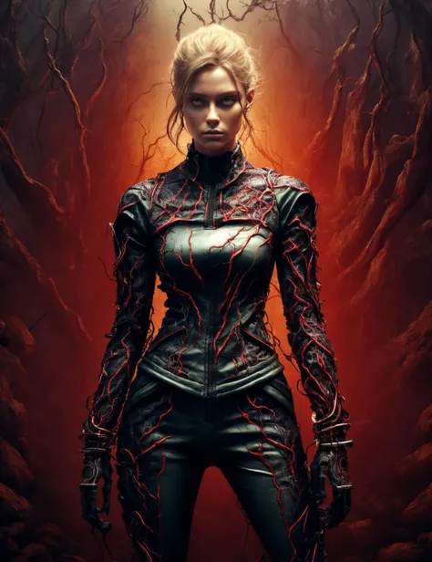 ((best quality)), ((masterpiece)), ((realistic,digital art)), (hyper detailed),DonMD3m0nV31ns,bio organic demonic veins, upper body clothing, V-neck, Cybernetic Nanoweave, Flexible,, Chisel, Raglan Sleeves, Tea Length, Drop Waist, High Slit, Zipper Closure,,Keyhole Back,,Front Pockets,,Statement Necklace, , lower body clothing, Bionic Fiber, , Rubber Roofing, Tunic Length, Natural Waist, Side pockets,,Statement Necklace,,Sheer Panels, Zipper Closure, , <lora:DonMD3m0nV31ns-000012:1>