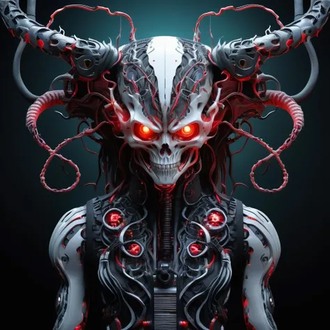 portrait, alien horror film, upper body, ((ultra detailed, cinematic, hyper detailed, hyper resolution, official art, 40k wallpaper, mind-blowing art)), skull girl, wide skull, beautiful, seductive, no eyes, (exposed teeth, sharp teeth), terror, flesh, (fallen horns, long horns), (((alien))), female, destruction, discarded skin, cracked skin, (((red dress)), seductive body, medium breast,