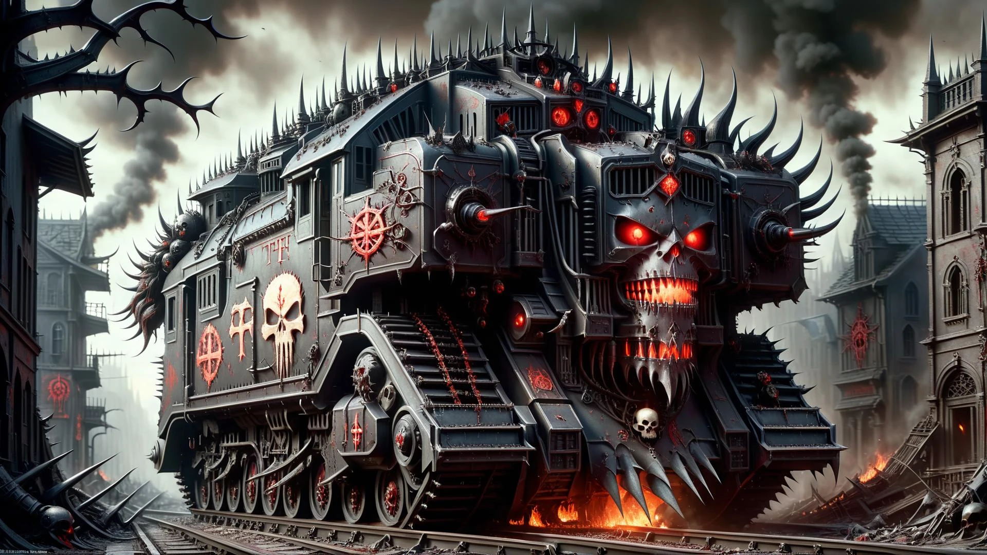 cursed demonic evil ((thomas the tank)) engine, now follower of khorne, demonic face, corrupted, evil, engine spewing flames with dark-shade of a red-smoke, sharp spikes, skulls as decorations, burning cities in background, rust, bronze trim, dark hopeless atmosphere,(Oil painting) (by Jean-François Millet), (by Gustave Courbet), (by Jules Breton), (by Zdzislaw Beksinski:0.4), (by H R Giger:0.4), (by Hieronymus Bosch:0.4), <lora:DonMD3m0nV31nsXL_v1.1:0.4> DonMD3m0nV31nsXL, demonic, veins, bio, organic, dark sci-fi, <lora:add-detail-xl:3> <lora:ChaosMarineStyleAIx:1>, horror , ,