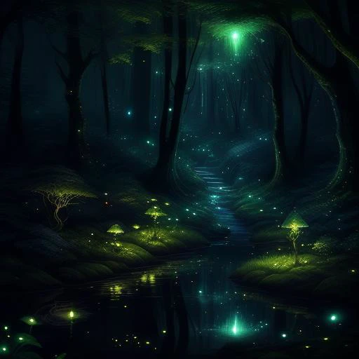 Enchanted forest with glowing fireflies and a babbling brook, surrounded by towering trees and shrouded in mist, magical, ethereal, dreamlike, stylized