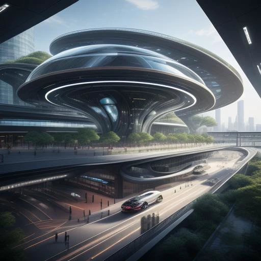 Innovative and contemporary transportation hub with a unique form, featuring cutting-edge technology and sustainable features, modern, visually stunning, architectural illustration