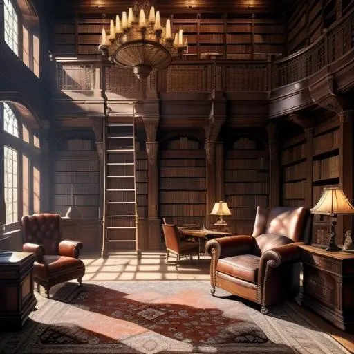 Traditional library with floor-to-ceiling bookcases, rolling ladder, large wooden desk, leather armchair, antique rug, warm lighting, high resolution textures, intellectual and inviting atmosphere