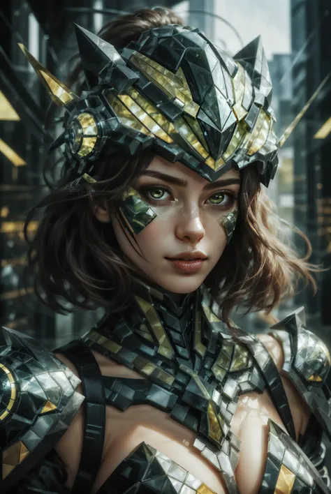8k photo,portrait,geometric facets construct armor,android face,various viewpoints,(mosaiclike arrangement, elaborate makeup, challenge perception, angular shapes, intersecting lines forming fractured portrayal of identity),cubism,lowpoly,best quality,highly detailed skin,high resolution,intricate details(photo by Corinne Day),rim lighting,aperture,iso,dof,denoise,(glass digital chartreuse visor) <lora:detailed_eye:0.6> <lora:polyhedron_skinny_all:0.7>