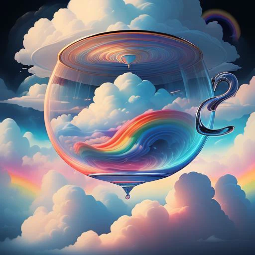  Humongous teacup and saucer floating in the sky, surrounded by clouds and rainbows, abstract, surreal, dreamlike, stylized oil painting style, vivid colors, detailed, high resolution, wide angled, otherworldly, fantastic