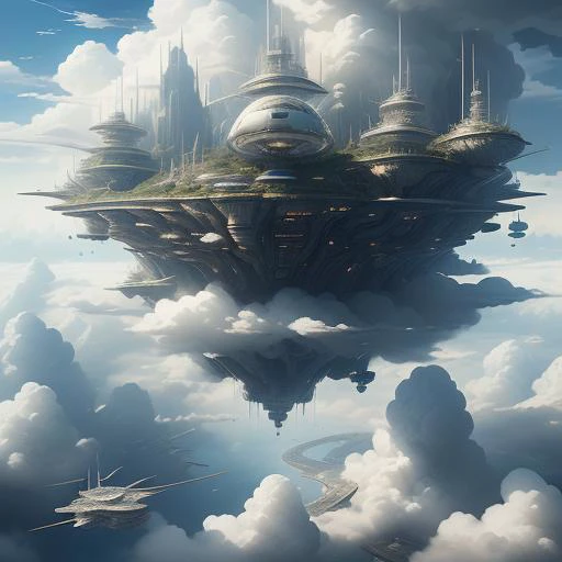 A floating city in the clouds, with airships docking at sky-high platforms and clouds serving as roads, futuristic, whimsical, high-altitude, detailed