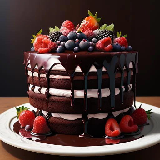 Chocolate cake with rich, fudgy frosting and perfectly layered cake, garnished with fresh berries and drizzled with melted chocolate, decadent, sweet, high detail, food photography