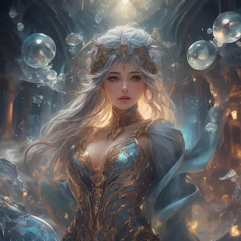 close up shot, depth of field, Goddess, mature, Atlantis, kingdom of mu, vibrant, shiny, sparkly, mist, fecundating, fertile, beautiful, voluptuous, sheer, ethereal, wonder, awe, bubbles, crystal clouds, angular, fantasy, in the style of art nouveau, bokeh, technicolor,