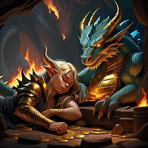 A dragon's lair, with dragons hoarding treasure, sleeping on piles of gold, and shooting fire from their nostrils, mythical, detailed, adventurous, fantastical