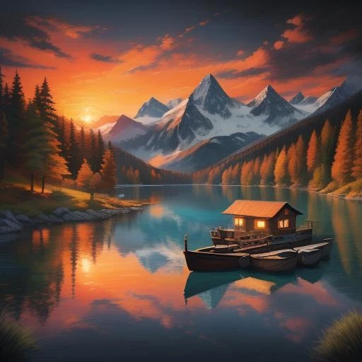 Oil painting of a tranquil lake surrounded by mountains, with a cabin on the shore, boats, and a sunset, heavily textured brushstrokes, warm and vibrant colors