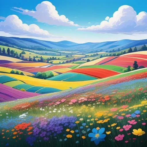 Vibrant flower field in full bloom, surrounded by rolling hills and a brilliant blue sky, colorful, serene, high detail, spring landscape