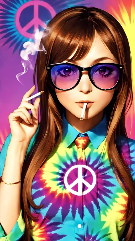 1girl, solo,
<lora:SDXL_LORA_CHARACTER_MIZUHARA CHIZURU_V1:1> Chizuru,Chizuru wearing a tie dye shirt, hippy, smoking weed, psychedelic colors, peace symbols, 70's style glasses, 70's style clothing, hair rag