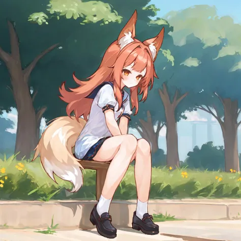 (1girl:1.5), solo, miho_face, miho_hairstyle, miho_body, miho_ears, miho_tail, red hair, sitting, outdoors, <lora:mihov1-000002:1>