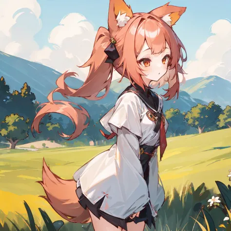 (1girl:1.5), solo, miho_face, miho_hairstyle, miho_body, miho_ears, miho_tail, red hair, standing, outdoors, <lora:mihov1-000002:1>