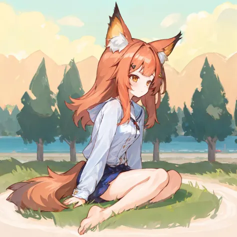 (1girl:1.5), solo, miho_face, miho_hairstyle, miho_body, miho_ears, miho_tail, red hair, sitting, outdoors, <lora:mihov1-000002:1>