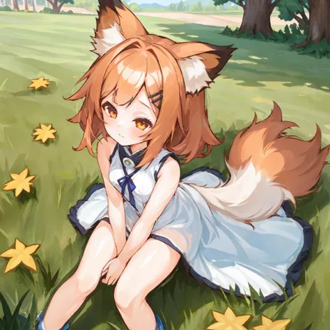 (1girl:1.5), solo, miho_face, miho_hairstyle, miho_body, miho_ears, miho_tail, red hair, sitting, outdoors, <lora:mihov1-000002:1>
