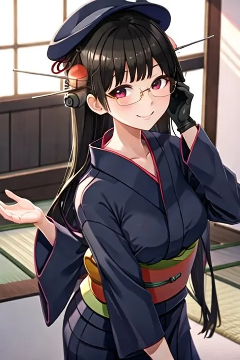 best quality, masterpiece, highres, solo, {yukata:1.40}, {kimono:1.20}, {choukai_kantaicollection:1.15}, glasses, long_hair, black_hair, red_eyes, rimless_eyewear, breasts, blush, hat, smile, large_breasts, hair_ornament