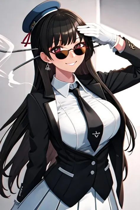 best quality, masterpiece, highres, solo, {black business suit:1.40}, {tie:1.20}, {sunglasses:1.25}, {white gloves:1.15}, {white shirt:1.10}, {black skirt:1.15}, {smoking:1.20}, handsome, {atago_azurlane:1.15}, animal_ears, long_hair, black_hair, bangs, extra_ears, mole, mole_under_eye, breasts, large_breasts, ribbon, smile, brown_eyes, white_ribbon, hair_ribbon, blush, swept_bangs, closed_mouth, yellow_eyes