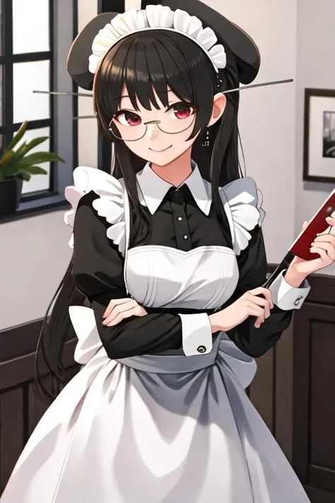 best quality, masterpiece, highres, solo, {maid:1.40}, {long maid dress:1.15}, {choukai_kantaicollection:1.15}, glasses, long_hair, black_hair, red_eyes, rimless_eyewear, breasts, blush, hat, smile, large_breasts, hair_ornament