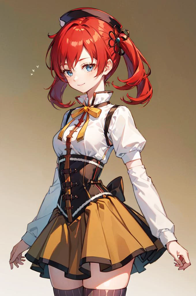 smile, cowboy shot, <lora:diginokia-nvwls-v1:0.8> digiNokia, twintails, <lora:Mami:1> MamiAi, tomoe mami, magical girl, neck ribbon, hair ornament, ribbon, yellow ribbon, hairpin, skirt, shirt, thighhighs, long sleeves, hat, short sleeves, pleated skirt, boots, detached sleeves, striped, puffy sleeves, puffy short sleeves, zettai ryouiki, black headwear, beret, brown footwear, knee boots, feathers, corset, striped thighhighs, vertical stripes, high collar, brown thighhighs, yellow skirt, vertical-striped thighhighs,, absurdres, ultra detailed, masterpiece, best quality, aesthetic, detailed,