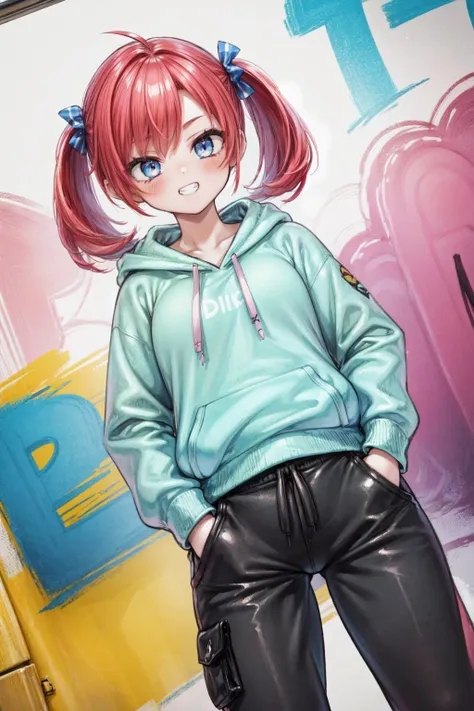 masterpiece,best quality,1girl,solo,wide hips,thick thighs,digiNokia,red hair|pink hair,twintails,blue eyes,(half-closed eyes:0.6),cool and edgy attire,baggy pants,oversized hoodie,fashionable accessories,hip hop,grin,hands in pockets,urban and street style,graffiti-inspired colors,confident expression,graffiti walls,energetic and vibrant atmosphere,(dutch angle),<lora:Concept-control tool-add_detail-CyberAIchemist:0.8>,<lora:diginokia-nvwls-v1:0.9>,