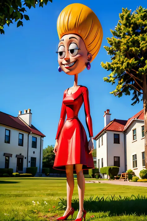 Piklez, floating hair, black eyes, red dress, purple earrings, heels, looking at viewer, smiling,full body shot, standing, outside, backyard, trees, fence, house, blue sky, high quality, masterpiece, <lora:Pickles:.7>