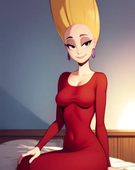 Piklez,((upward blonde  hair)), saggy breasts, navel ,solo, black eyes, round eyes, smile, solo, 
Pikattire, (long crew neck red dress:1.2), earrings
sitting  on bed (insanely detailed, beautiful detailed face, masterpiece, best quality) <lora:Pickles-10v2:0.8>