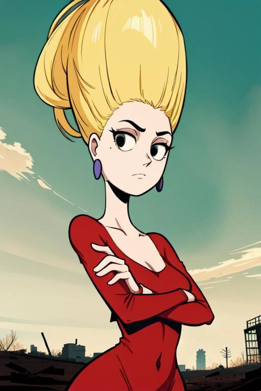 Piklez,((upward blonde hair)),floating hair,navel,solo,black eyes,round eyes, bored expression, upper body,  standing,   cowboy shot,  crossed arms, 
Pikattire,red dress,earrings,high heels,
toon \(style\),  wasteland park,  green sky, 
(insanely detailed, beautiful detailed face, masterpiece, best quality) <lora:Pickles-10v3:0.7>,