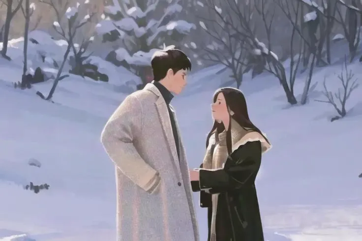 A detail face girl stand in the right and a detail face boy stand in the left,side view,masterpiece, best quality,A snowy day,cold,in winter,beautiful face,on the right girl wear clothes clothes,on the left boy wear gray clothes,[detail eyes],soft winter light,rim light