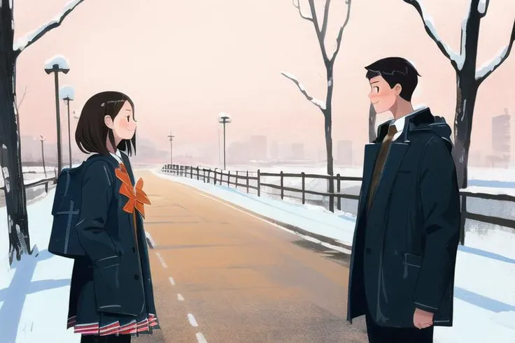 A detail face girl stand in the left and a detail face boy stand in the right,side view,masterpiece, best quality,A snowy day,cold,road,in winter,beautiful face,on the left girl wear Orange school uniform,on the right boy wear blue school uniform