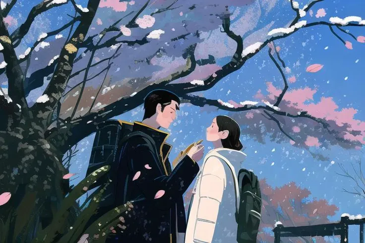 A detail face girl stand in the right and a detail face boy stand in the left,side view,masterpiece, best quality,A snowy day,cold,in winter,beautiful face,on the left girl wear white clothes,on the right boy wear black clothes and a Backpack,Cherry blossom tree,[detail eyes]