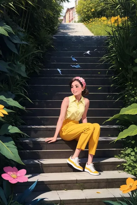 1 girl, solo, stairs, long hair, brown hair, plant, shirt, bird, sleeveless shirt, yellow footwear, sleeveless, sitting, white trousers, skirt, flower, smile, white skirt, orange footwear, leaves, black eyes, wide shot, shoe, pink flower, trousers, blush, hairband, yellow shirt, fringes, sitting on stairs, yellow flower, tree, steps, tree shadow, flower, <lora:Texture illustration_20230709102900:0.85>