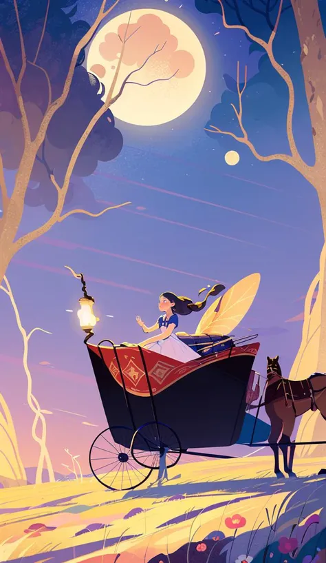 1 princess, carriage, night, fairy tale, outdoors, trees, moon, flowers, shadows<lora:Texture illustration_20230709102900:0.81>